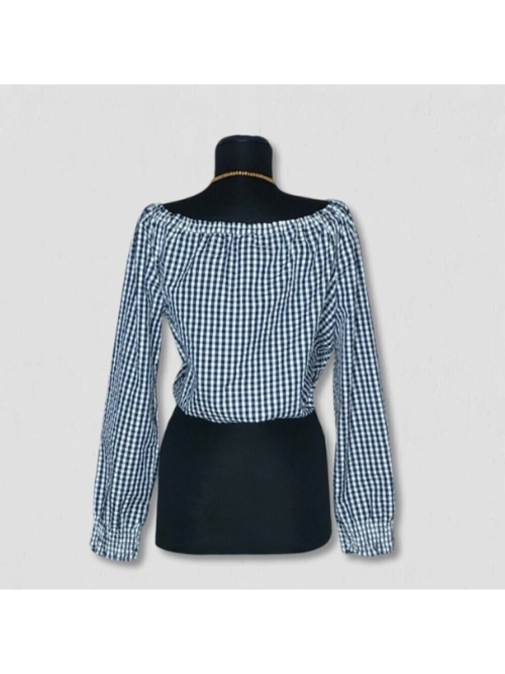 Gingham blouse off-shoulder tie waist coastal country cottage western festival M - Picture 2 of 9